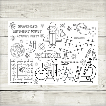 A4 Colouring Activity Sheets | Personalised Science Activity Sheets | Party Bag Favours | Party Placemats