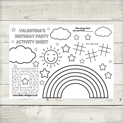 A4 Colouring Activity Sheets | Personalised Rainbow Activity Sheets | Party Bag Favours | Party Placemats