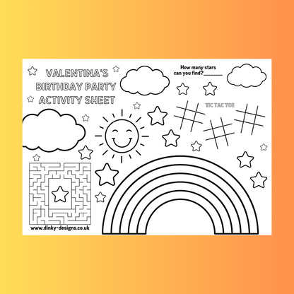 A4 Colouring Activity Sheets | Personalised Rainbow Activity Sheets | Party Bag Favours | Party Placemats