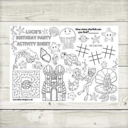 A4 Colouring Activity Sheets | Personalised Mermaid Activity Sheets | Party Bag Favours | Party Placemats