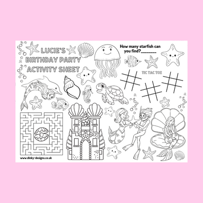 A4 Colouring Activity Sheets | Personalised Mermaid Activity Sheets | Party Bag Favours | Party Placemats