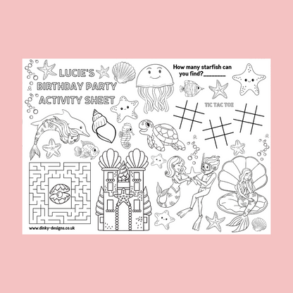 A4 Colouring Activity Sheets | Personalised Mermaid Activity Sheets | Party Bag Favours | Party Placemats