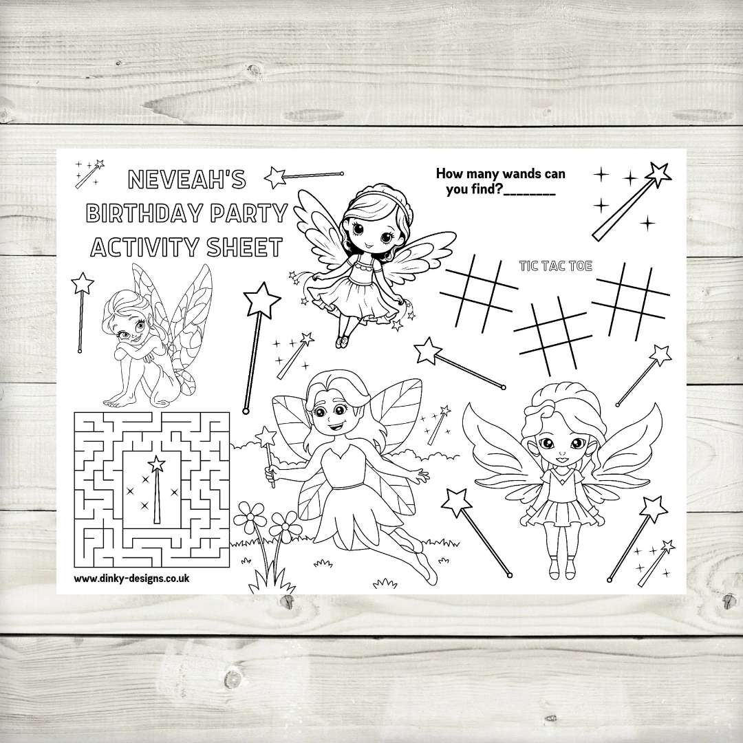 A4 Colouring Activity Sheets | Personalised Fairy Activity Sheets | Party Bag Favours | Party Placemats