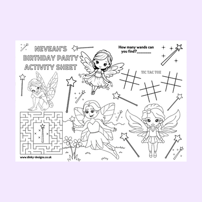 A4 Colouring Activity Sheets | Personalised Fairy Activity Sheets | Party Bag Favours | Party Placemats