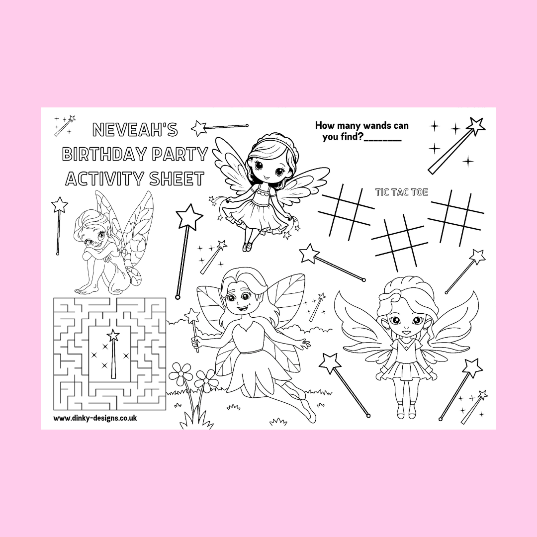 A4 Colouring Activity Sheets | Personalised Fairy Activity Sheets | Party Bag Favours | Party Placemats