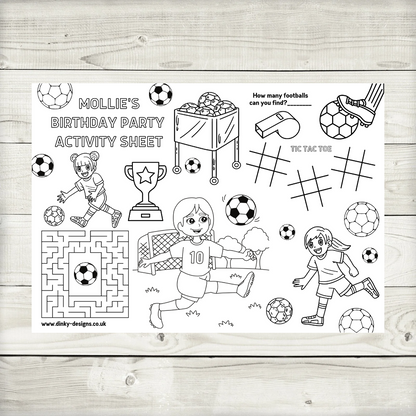 A4 Colouring Activity Sheets | Personalised Girls Football Activity Sheets | Party Bag Favours | Party Placemats
