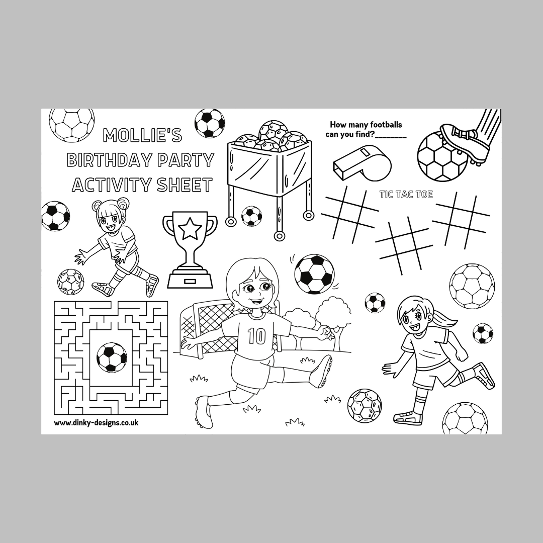 A4 Colouring Activity Sheets | Personalised Girls Football Activity Sheets | Party Bag Favours | Party Placemats