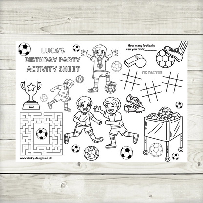 A4 Colouring Activity Sheets | Personalised Boys Football Activity Sheets | Party Bag Favours | Party Placemats
