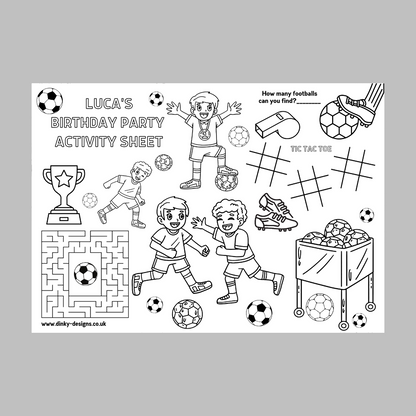 A4 Colouring Activity Sheets | Personalised Boys Football Activity Sheets | Party Bag Favours | Party Placemats