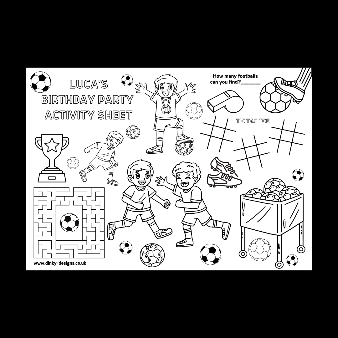 A4 Colouring Activity Sheets | Personalised Boys Football Activity Sheets | Party Bag Favours | Party Placemats