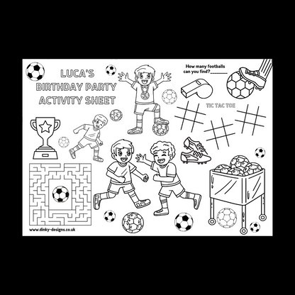 A4 Colouring Activity Sheets | Personalised Boys Football Activity Sheets | Party Bag Favours | Party Placemats