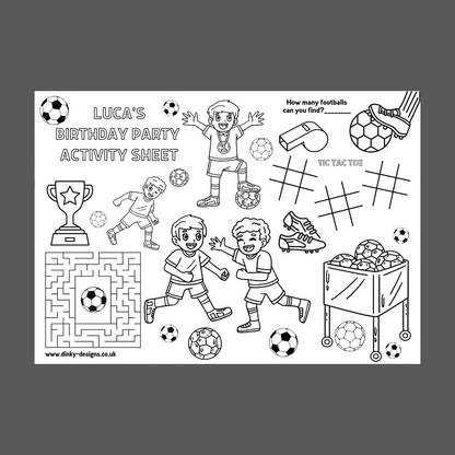 A4 Colouring Activity Sheets | Personalised Boys Football Activity Sheets | Party Bag Favours | Party Placemats