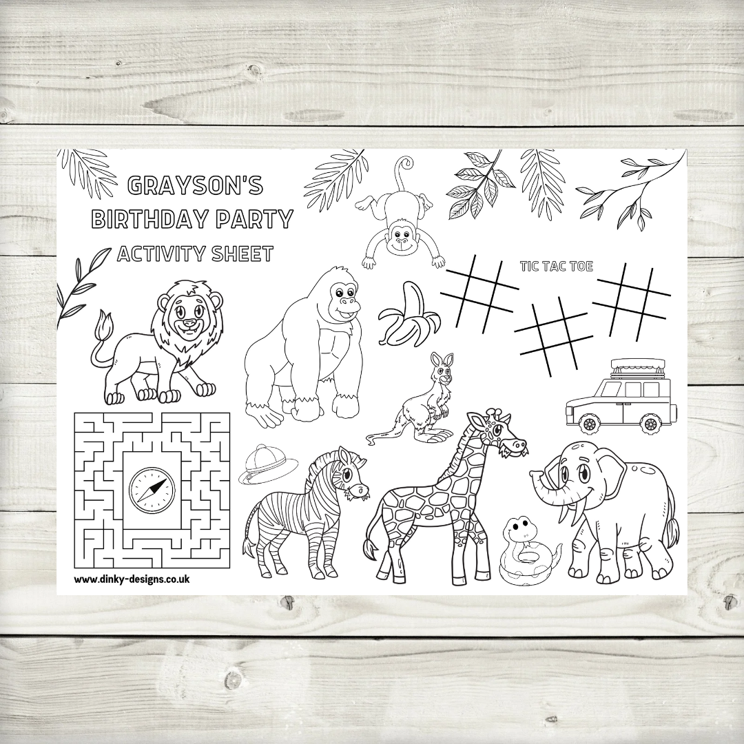 A4 Colouring Activity Sheets | Personalised Safari Jungle Zoo Activity Sheets | Party Bag Favours | Party Placemats