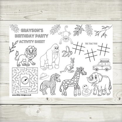 A4 Colouring Activity Sheets | Personalised Safari Jungle Zoo Activity Sheets | Party Bag Favours | Party Placemats