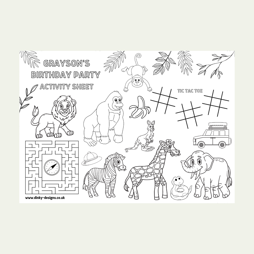A4 Colouring Activity Sheets | Personalised Safari Jungle Zoo Activity Sheets | Party Bag Favours | Party Placemats