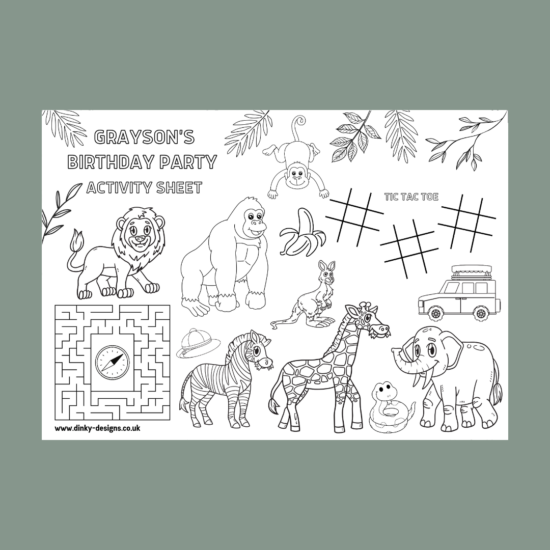 A4 Colouring Activity Sheets | Personalised Safari Jungle Zoo Activity Sheets | Party Bag Favours | Party Placemats