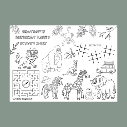 A4 Colouring Activity Sheets | Personalised Safari Jungle Zoo Activity Sheets | Party Bag Favours | Party Placemats