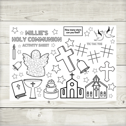 A4 Colouring Activity Sheets | Personalised Christening Holy Communion Activity Sheets | Party Bag Favours | Party Placemats