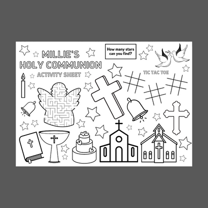 A4 Colouring Activity Sheets | Personalised Christening Holy Communion Activity Sheets | Party Bag Favours | Party Placemats