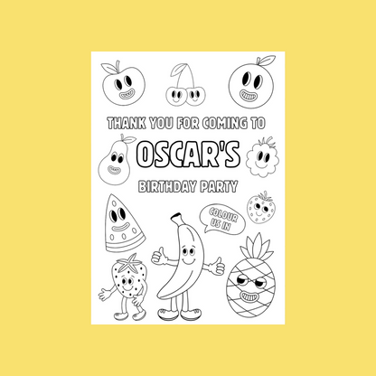 A6 Colouring Sheets | Personalised Fruit Colouring Sheets | Party Bag Favours
