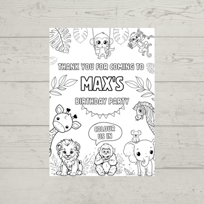 A6 Colouring Sheets | Personalised Safari Zoo Jungle Colouring Sheets | Party Bag Favours
