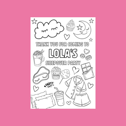 A6 Colouring Sheets | Personalised Sleepover Slumber Party Colouring Sheets | Party Bag Favours