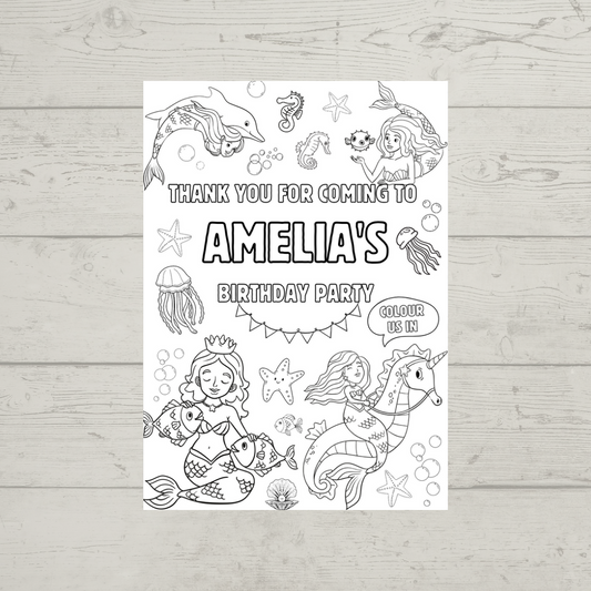 A6 Colouring Sheets | Personalised Mermaid Colouring Sheets | Party Bag Favours - Dinky Designs