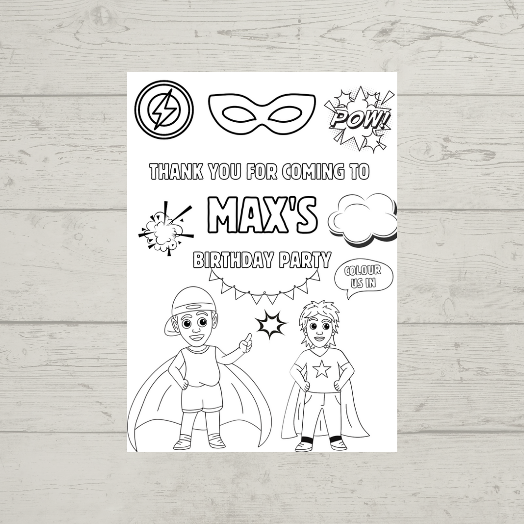 A6 Colouring Sheets | Personalised Superhero Colouring Sheets | Party Bag Favours