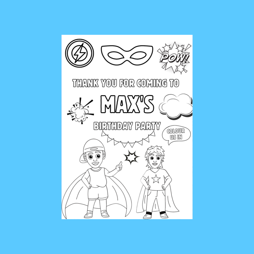 A6 Colouring Sheets | Personalised Superhero Colouring Sheets | Party Bag Favours