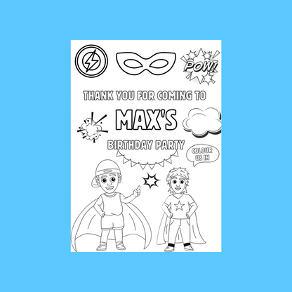 A6 Colouring Sheets | Personalised Superhero Colouring Sheets | Party Bag Favours