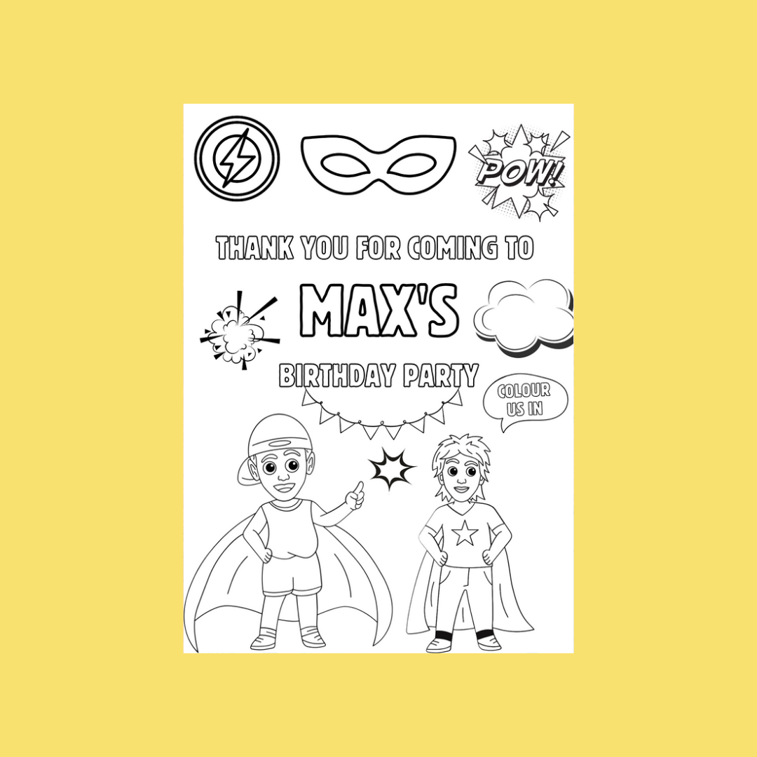 A6 Colouring Sheets | Personalised Superhero Colouring Sheets | Party Bag Favours
