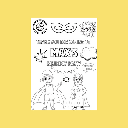A6 Colouring Sheets | Personalised Superhero Colouring Sheets | Party Bag Favours