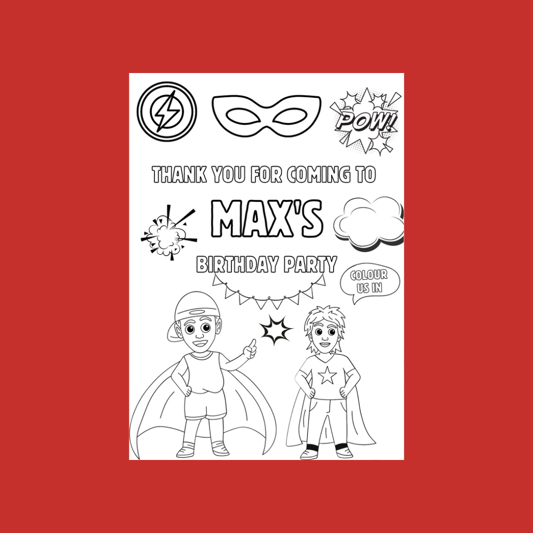 A6 Colouring Sheets | Personalised Superhero Colouring Sheets | Party Bag Favours
