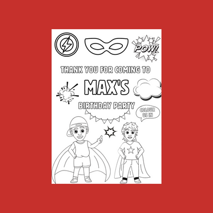A6 Colouring Sheets | Personalised Superhero Colouring Sheets | Party Bag Favours