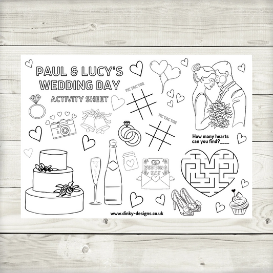 A4 Colouring Activity Sheets | Personalised Wedding Activity Sheets | Party Favours | Party Placemats (Design 2)