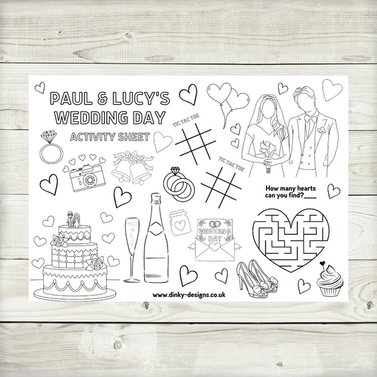 A4 Colouring Activity Sheets | Personalised Wedding Activity Sheets | Party Favours | Party Placemats (Design 3)