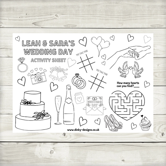 A4 Colouring Activity Sheets | Personalised Wedding Activity Sheets | Party Favours | Party Placemats (Design 5)