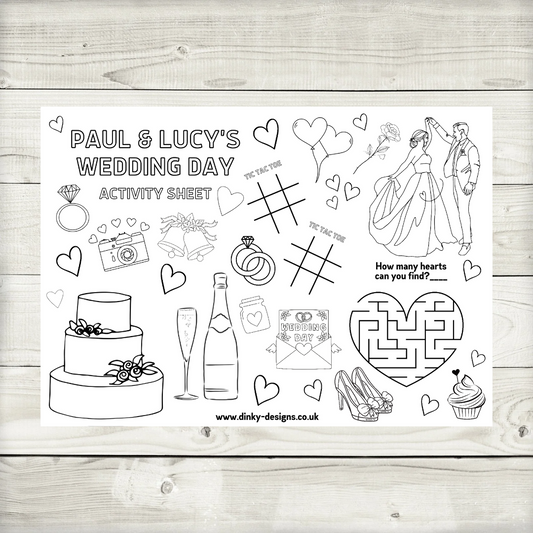 A4 Colouring Activity Sheets | Personalised Wedding Activity Sheets | Party Favours | Party Placemats (Design 1)