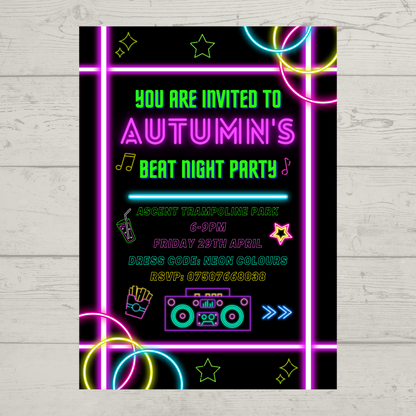 Neon Theme Birthday, Neon Party Invitations | A6 Invites | Neon Theme Invitations | Party Invitations (Design 2)