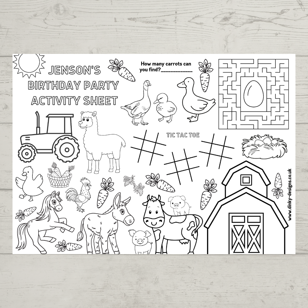 A4 Colouring Activity Sheets | Personalised Farm Activity Sheets | Party Bag Favours | Party Placemats