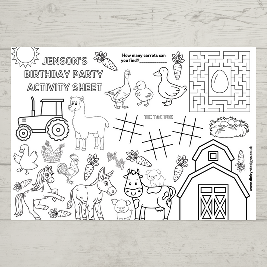 A4 Colouring Activity Sheets | Personalised Farm Activity Sheets | Party Bag Favours | Party Placemats