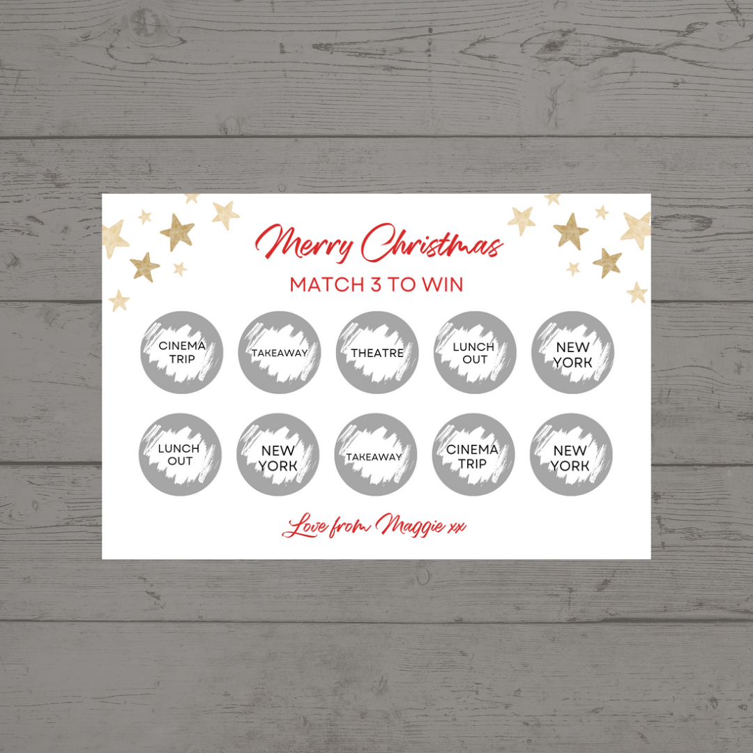 Christmas Surprise Match 3 Ticket Print | Personalised Christmas Ticket | Christmas Fun Scratch Reveal | Gift Idea | Stars Design
