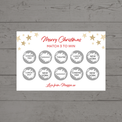 Christmas Surprise Match 3 Ticket Print | Personalised Christmas Ticket | Christmas Fun Scratch Reveal | Gift Idea | Stars Design