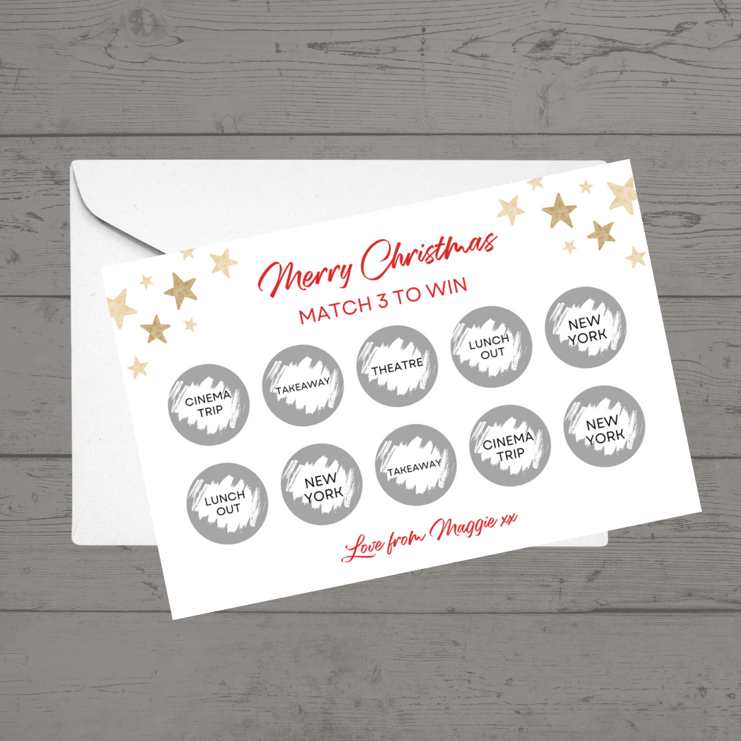 Christmas Surprise Match 3 Ticket Print | Personalised Christmas Ticket | Christmas Fun Scratch Reveal | Gift Idea | Stars Design