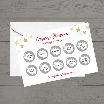 Christmas Surprise Match 3 Ticket Print | Personalised Christmas Ticket | Christmas Fun Scratch Reveal | Gift Idea | Stars Design