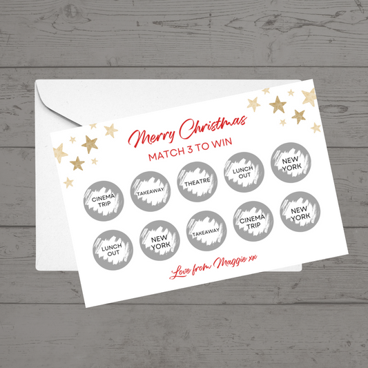 Christmas Surprise Match 3 Ticket Print | Personalised Christmas Ticket | Christmas Fun Scratch Reveal | Gift Idea | Stars Design