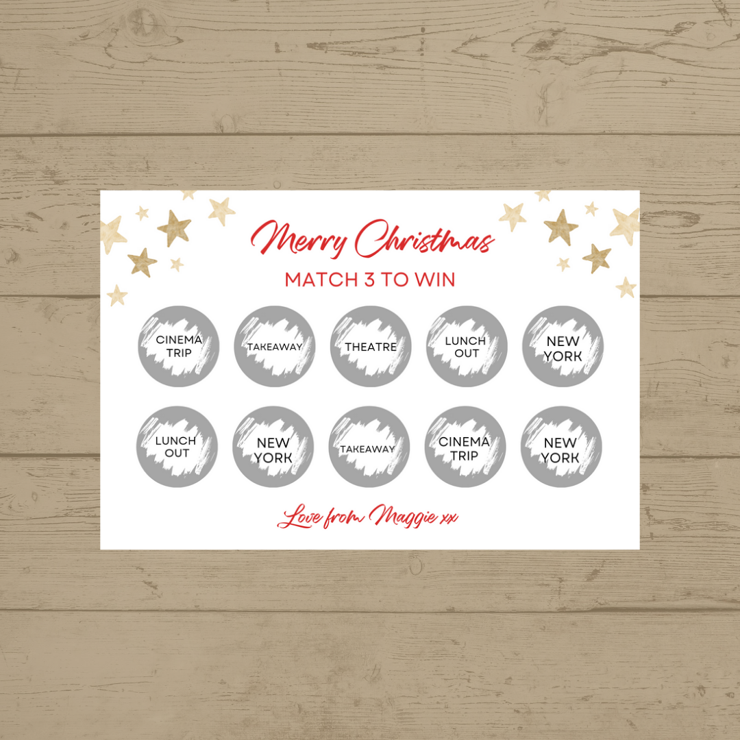 Christmas Surprise Match 3 Ticket Print | Personalised Christmas Ticket | Christmas Fun Scratch Reveal | Gift Idea | Stars Design