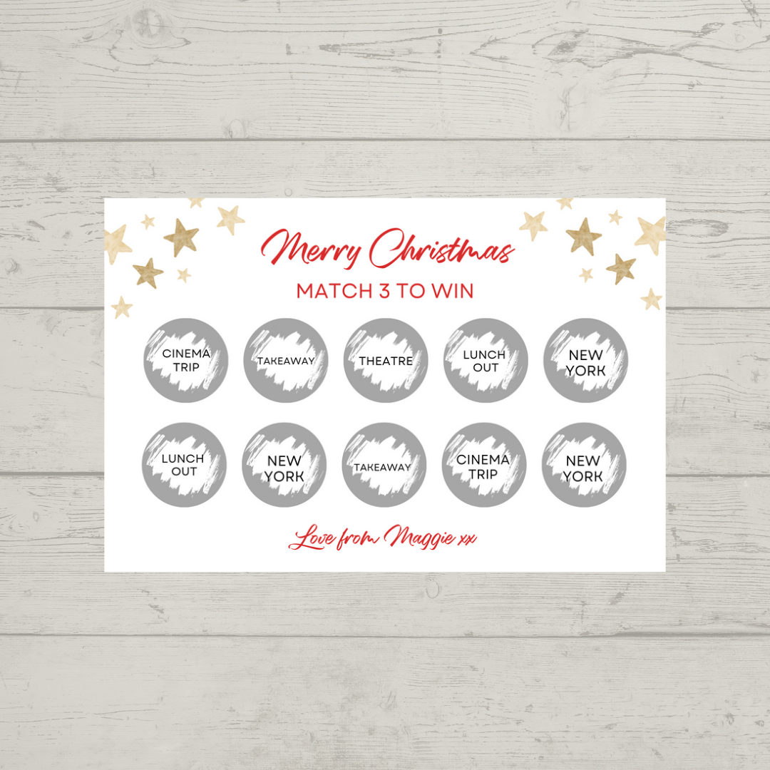 Christmas Surprise Match 3 Ticket Print | Personalised Christmas Ticket | Christmas Fun Scratch Reveal | Gift Idea | Stars Design