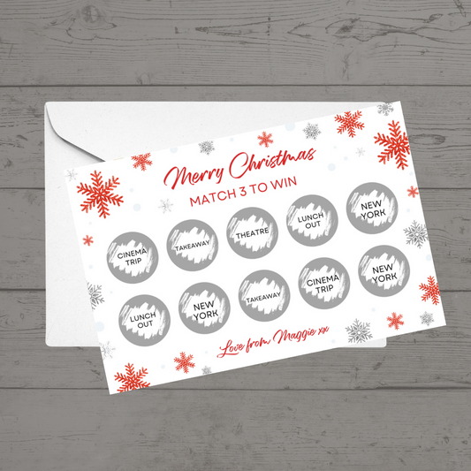 Christmas Surprise Match 3 Ticket Print | Personalised Christmas Ticket | Christmas Fun Scratch Reveal | Gift Idea | Snowflake Design 1
