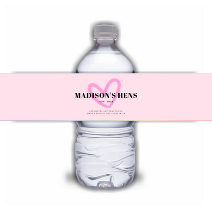 Red Black Heart Hen Party Water Bottle Labels | Hen Do Stickers | Hen Party Labels